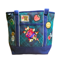 Have a Nice Day Canvas Tote Bag with Patches - Green and Blue Plaid - Large
