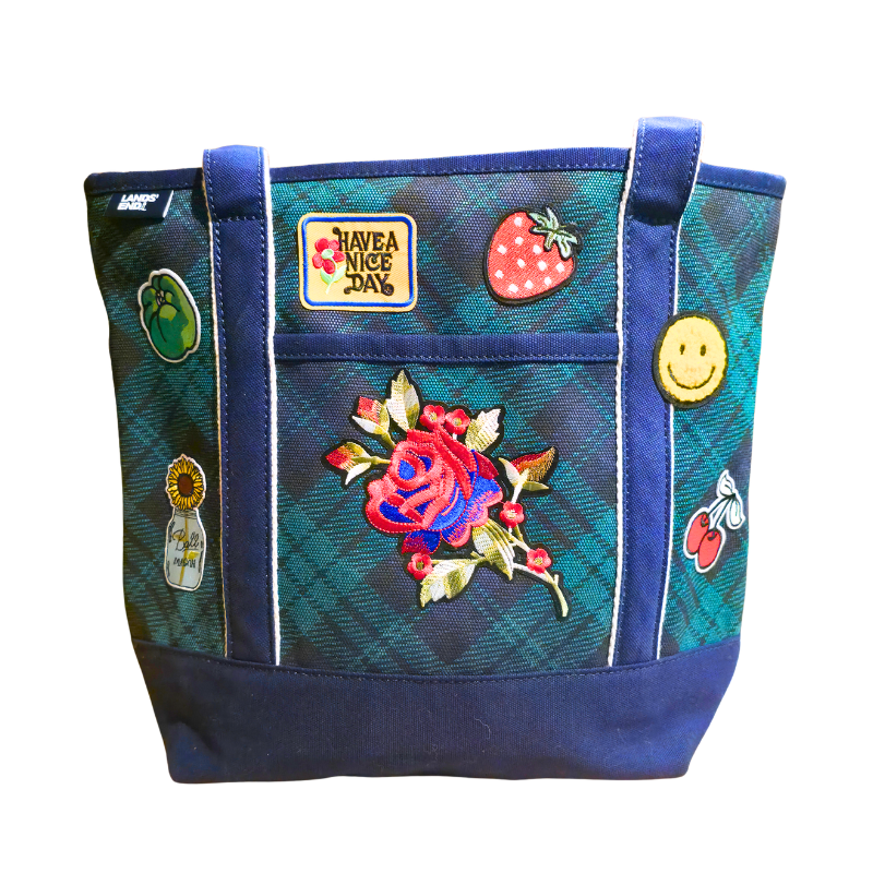 Have a Nice Day Canvas Tote Bag with Patches - Green and Blue Plaid - Large