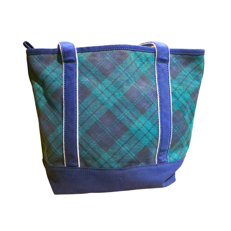 Have a Nice Day Canvas Tote Bag with Patches - Green and Blue Plaid - Large